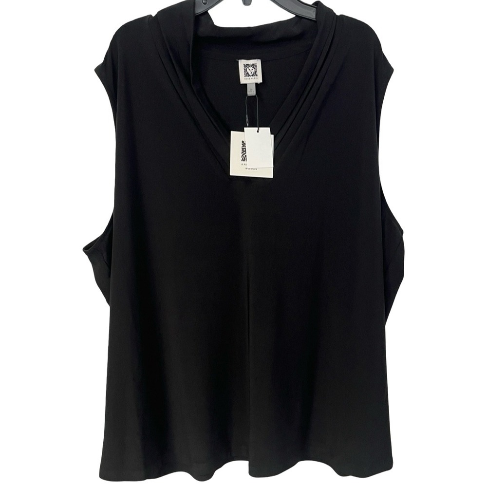 NWT Anne Klein Black Pleated V-Neck Sleeveless Shell Top Women's Plus Size 3X